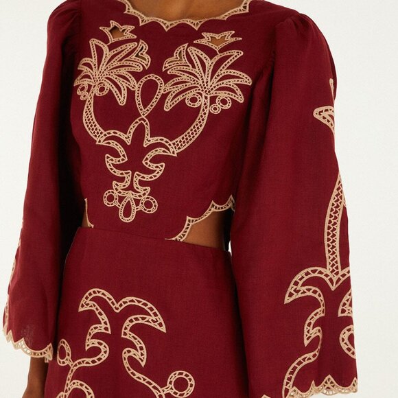FARM Rio Red Artisanal Cut-out Embroidered Euroflax™ Premium Linen Maxi Dress - Picture 5 of 7